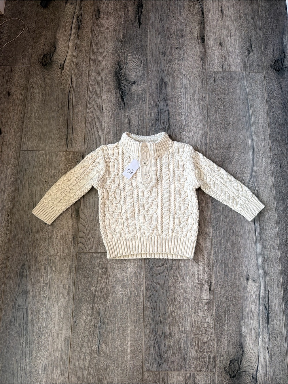 GAP Cream Cable Knit Mock Neck Sweater with 3-Button Placket